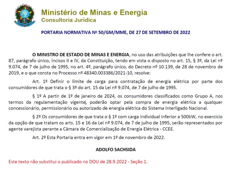 Oportunidades para Consumidores de Energia do Grupo A com a Portaria Normativa 50/2022